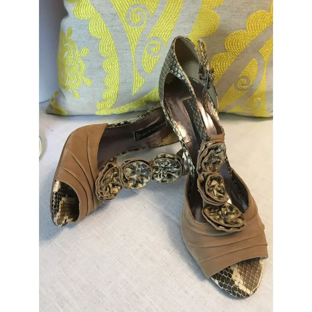 Vtg Steve Madden Tan Leather Suede Faux Snake Skin Open Toe Pump/Heels, SZ 8